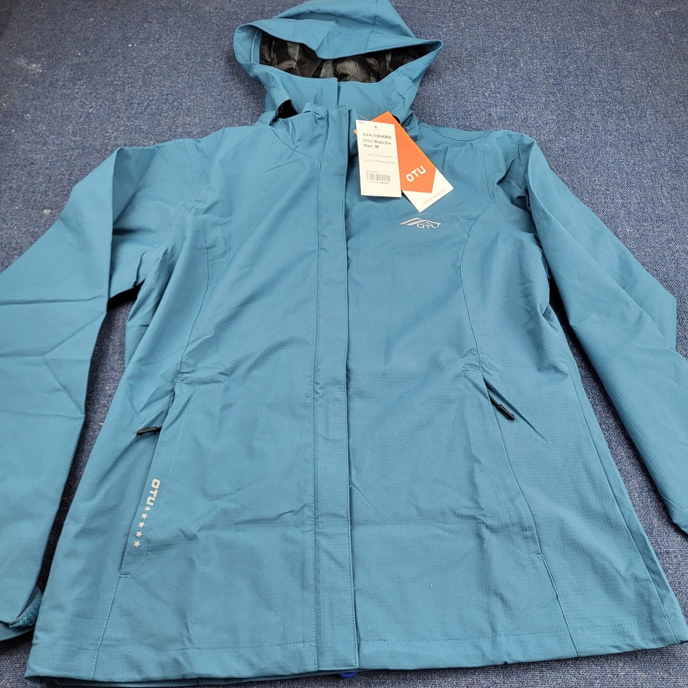 OTU Womens Waterproof Rain Jacket Mosaic Blue Hooded Windbreaker Medium Outdoor
